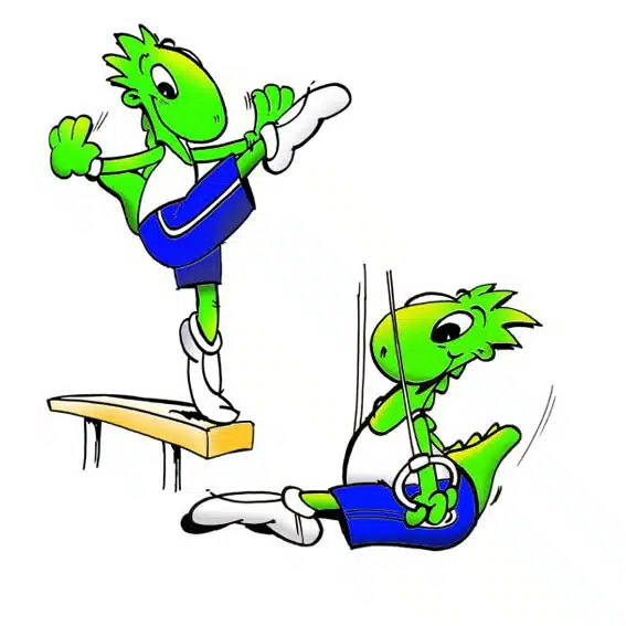 Gymclub Waarschoot-mascotte die oefeningen uitvoert op een evenwichtsbalk en ringen, representatief voor veelzijdige gymnastiek.