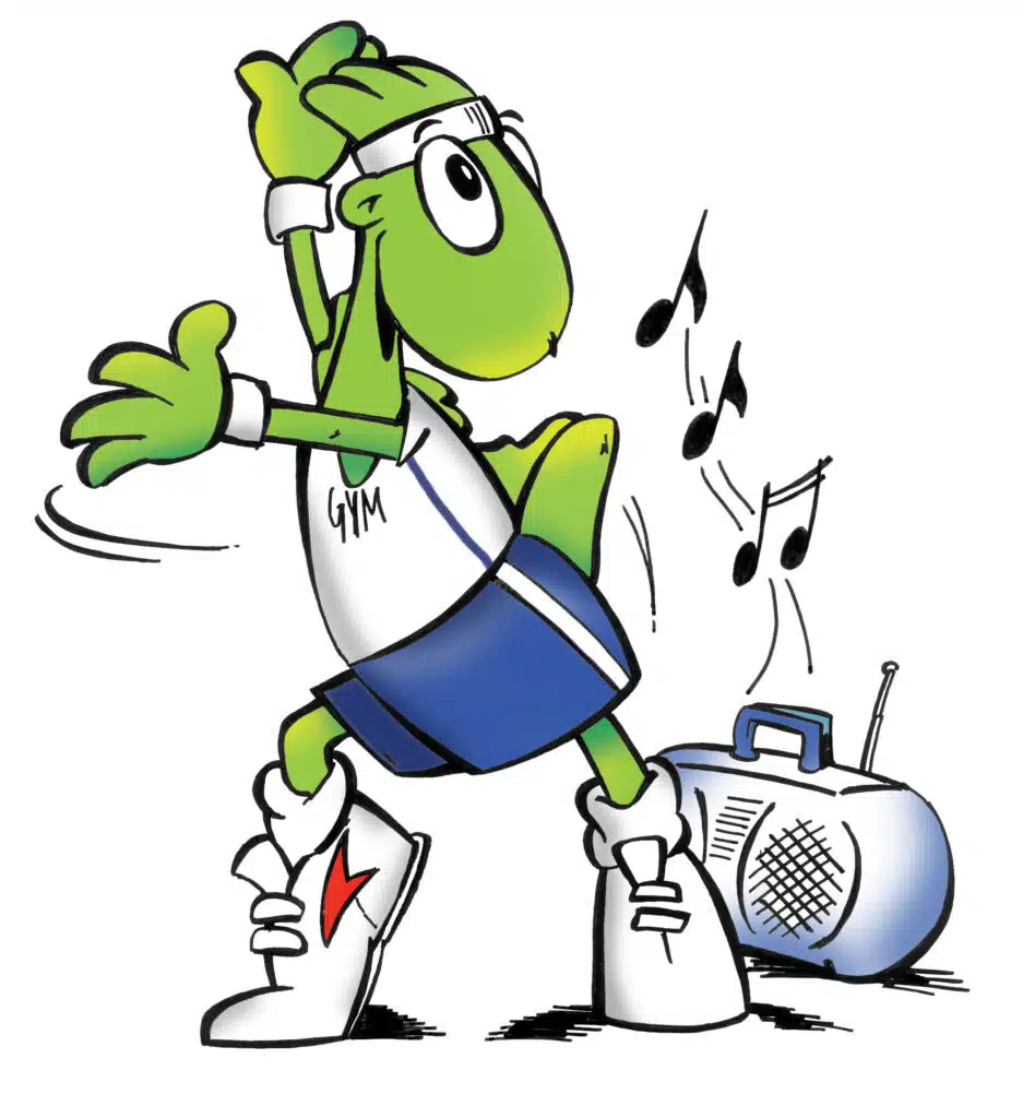 Gymclub Waarschoot-mascotte in sportoutfit met een muziekspeler, symbool van plezier en energie.