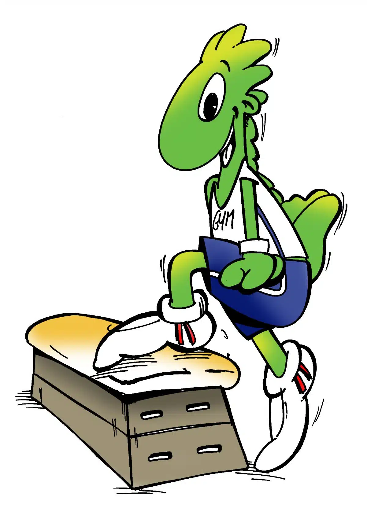 Gymclub Waarschoot-mascotte die een gymnastiekoefening uitvoert op een kast, illustratie van speelsheid en techniek.