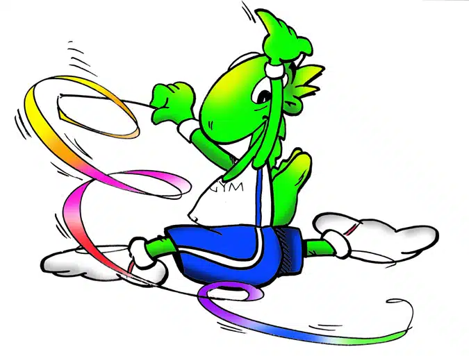 Gymclub Waarschoot-mascotte in actie met een kleurrijk gymnastieklint, symbool van creativiteit en energie in de gymnastiek.