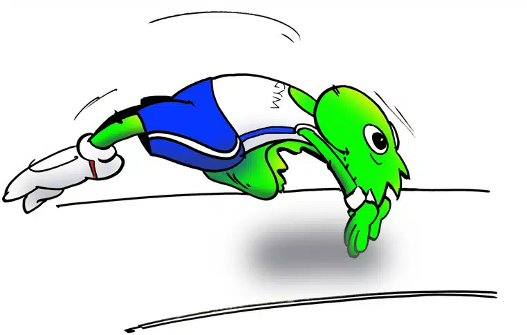 Gymclub Waarschoot-mascotte in een dynamische duiksprong, voorbeeld van kracht en snelheid in gymnastiek.