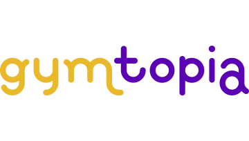 Gymtopia-logo in geel en paars, symbool van gymnastiekplezier en creativiteit ondersteund door Gymfed.