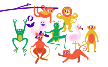 Kleurrijke illustratie van dieren in gymnastische houdingen, promotie van Gymtopia als speelse introductie tot gymnastiek.